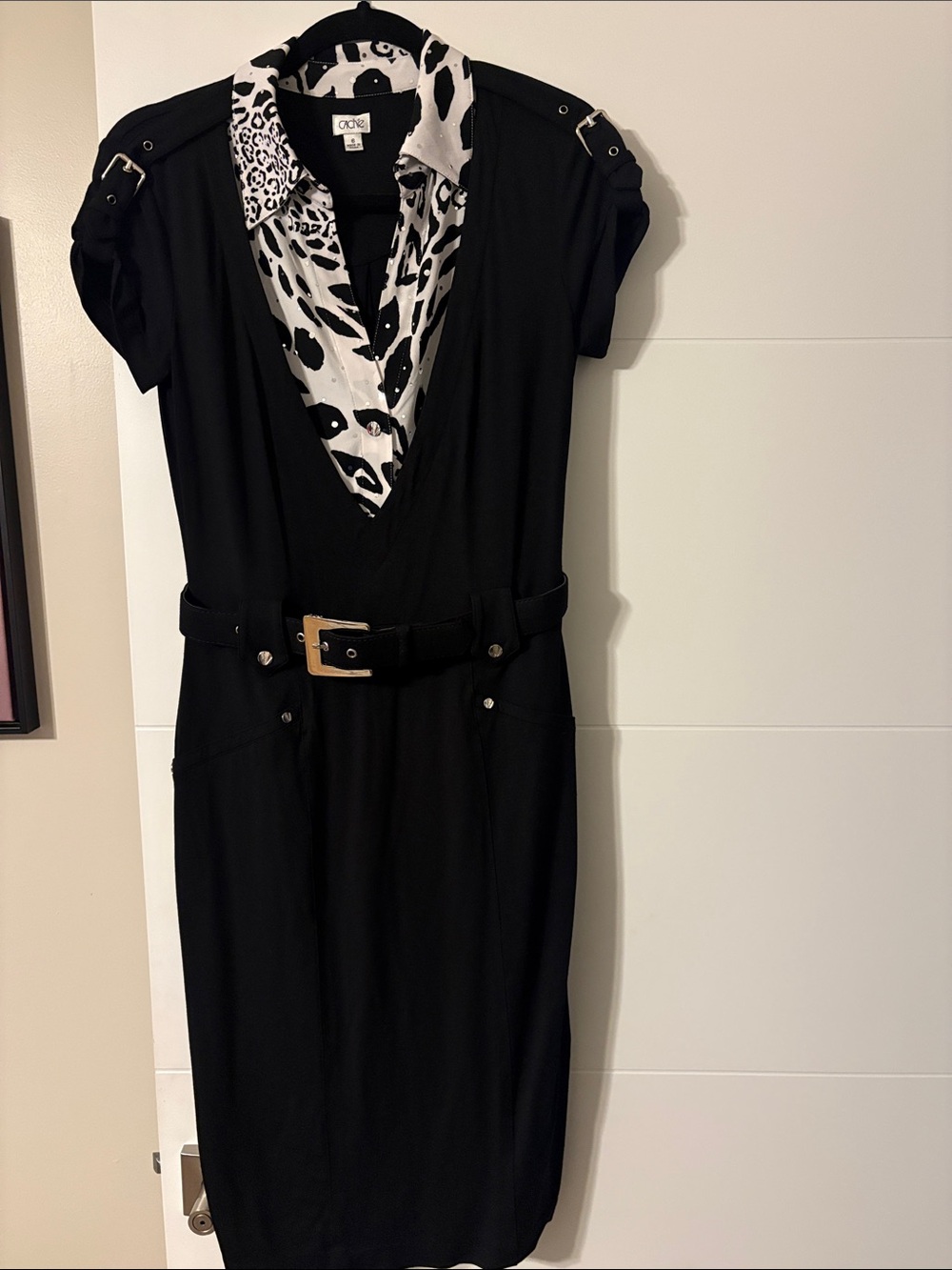 Cache Sexy Black Dress with White and Black Animal-Print Accent